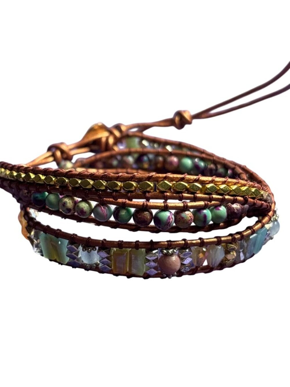 Multicolor Beaded Glass Stone Wrap Bracelet Goldtone 20 - 22 inches Long